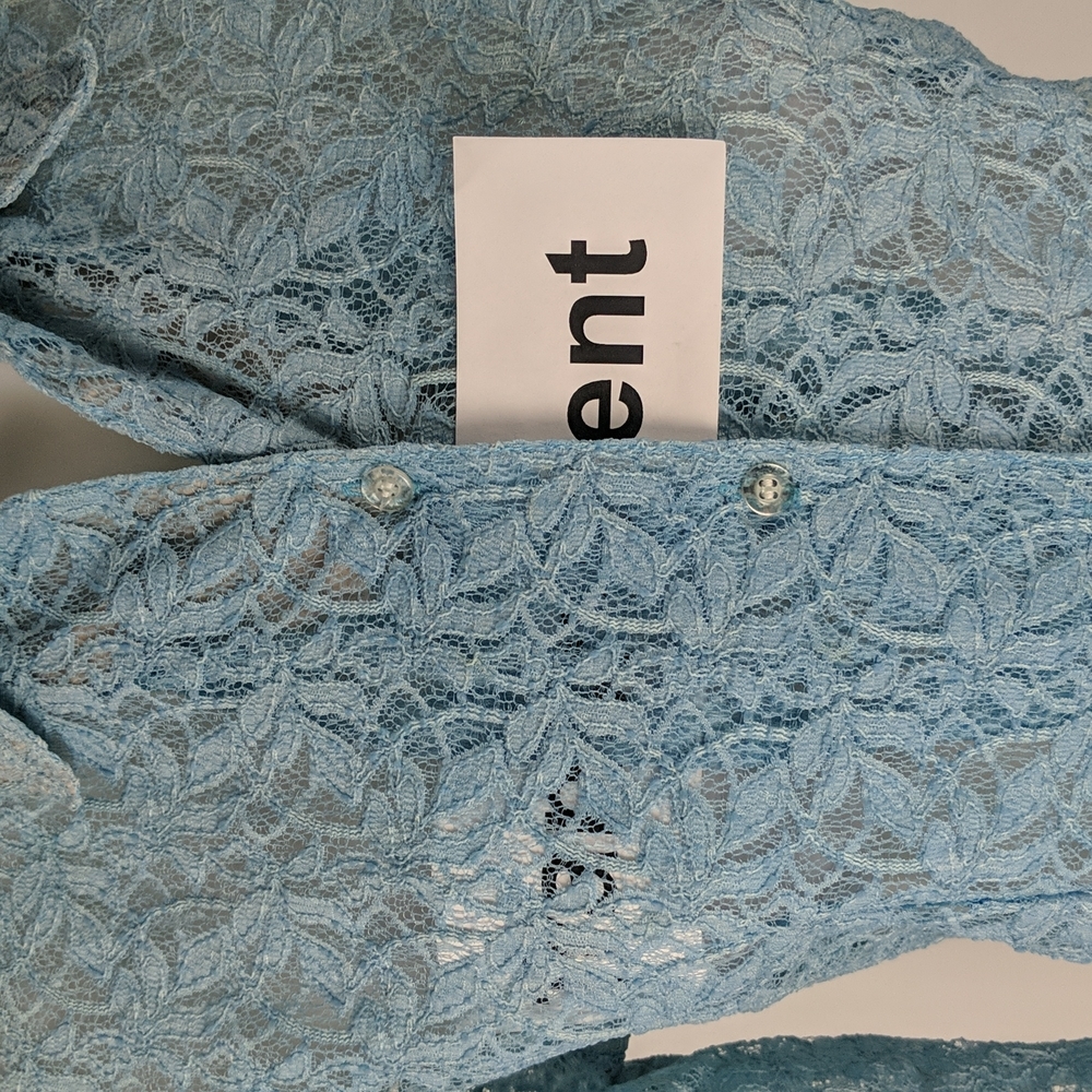 St Mario Women's Top Size Medium Blue Sheer Lace Long Sleeve Button Front Collar - Picture 10 of 13